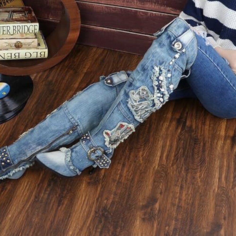 Women Knee High Rivet Punk Stiletto Heel Pointed Toe Boots